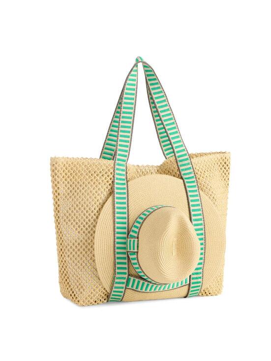 Shiraleah Handbags - Beach Bag Shiraleah Green Hat and Tote Set, Natural Dorian Travel Beach Bag